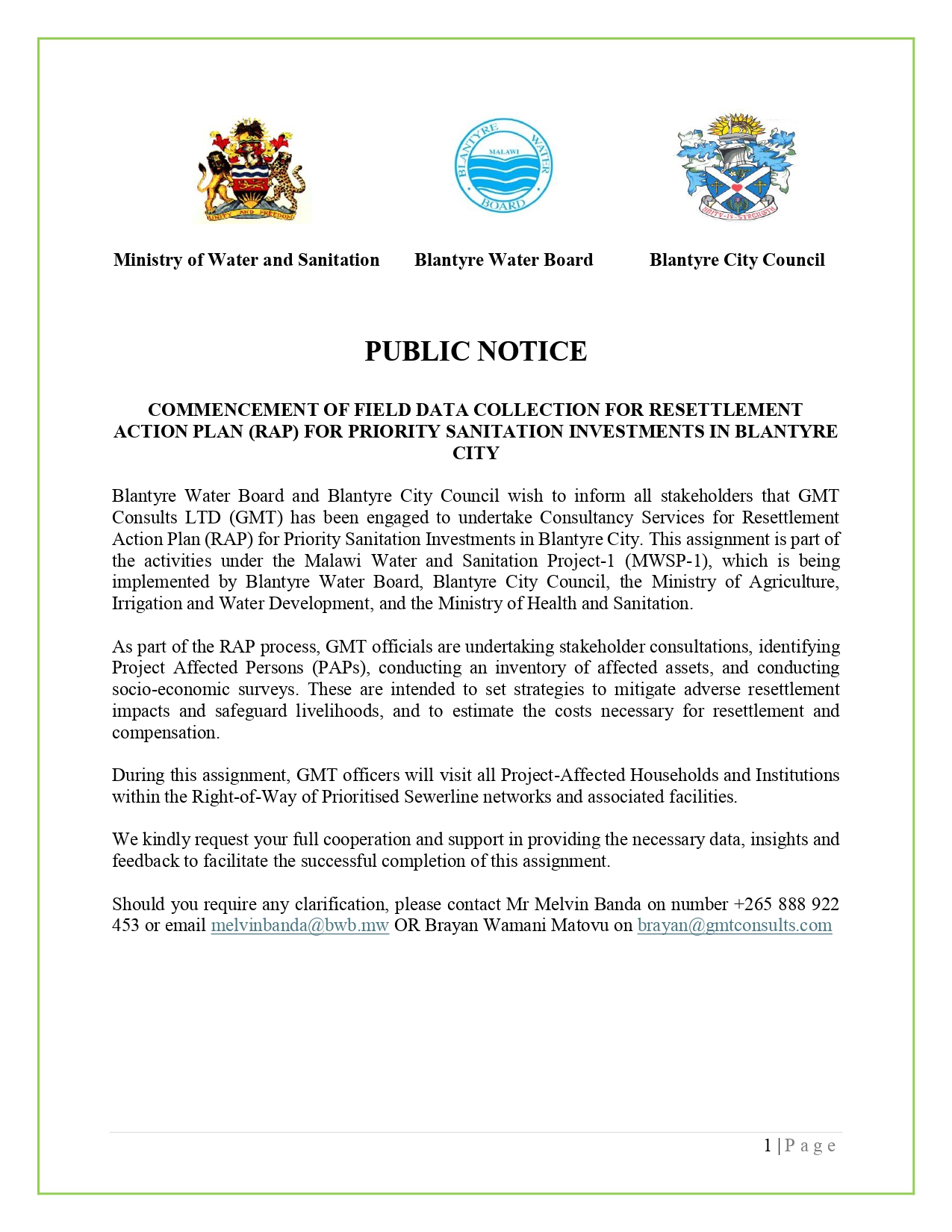 Amendments to the Notice